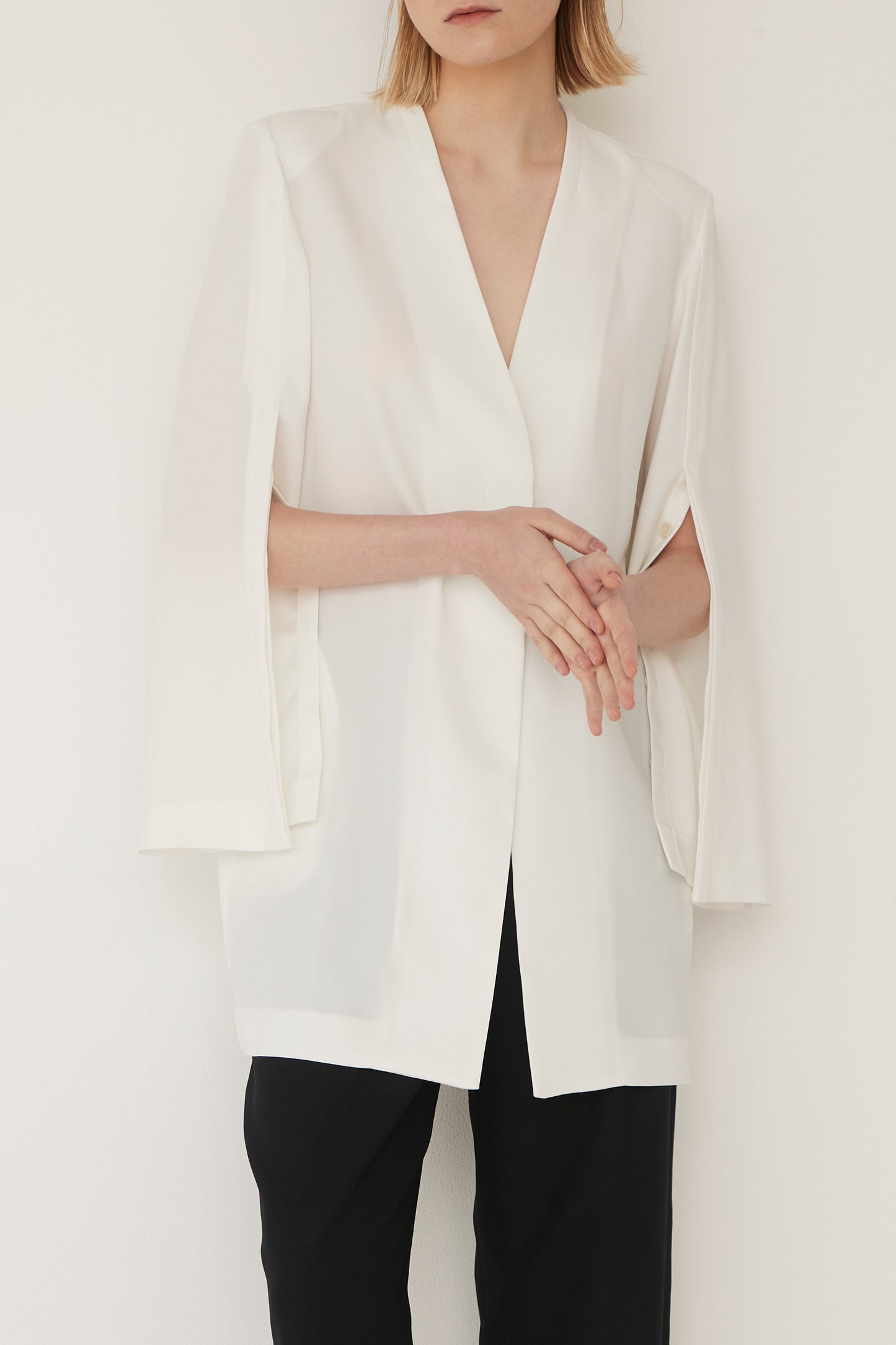 Slit Sleeves V-neck Jacket-WHITE
