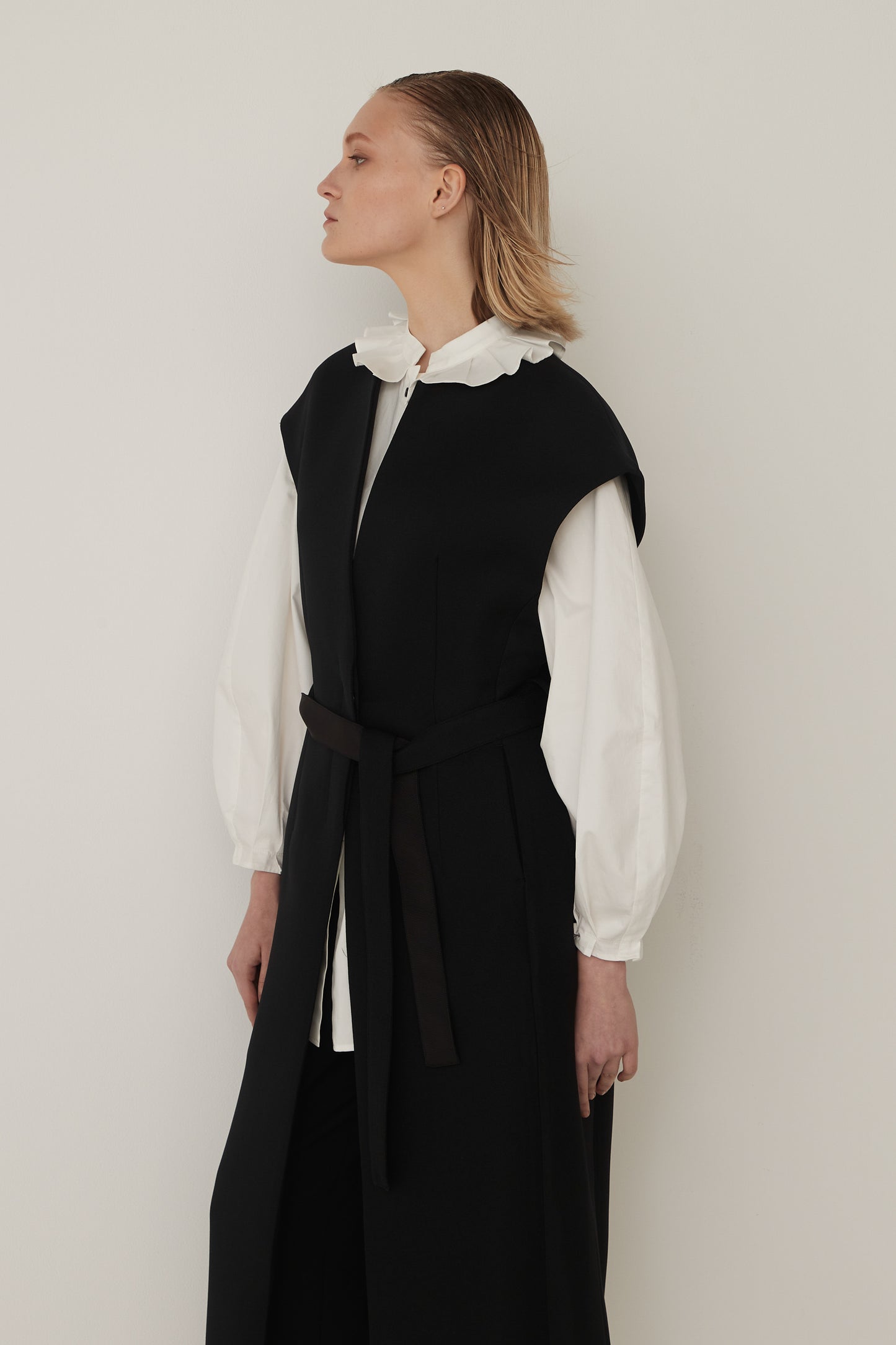 Stand Collar Frill Blouse-WHITE