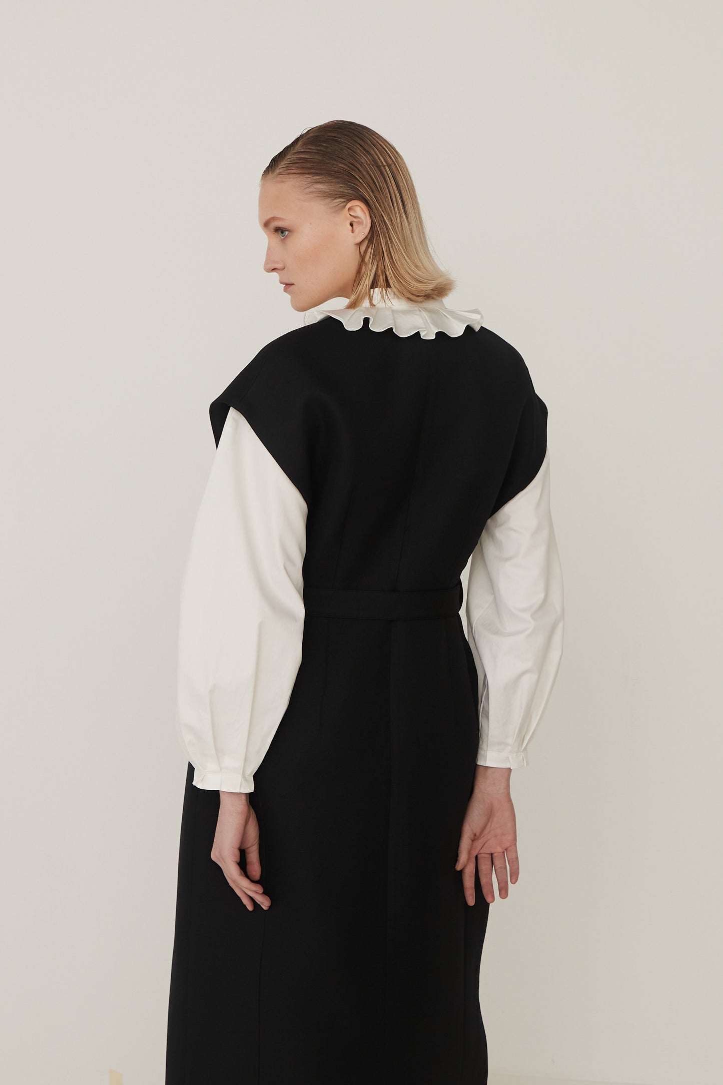 Stand Collar Frill Blouse-WHITE