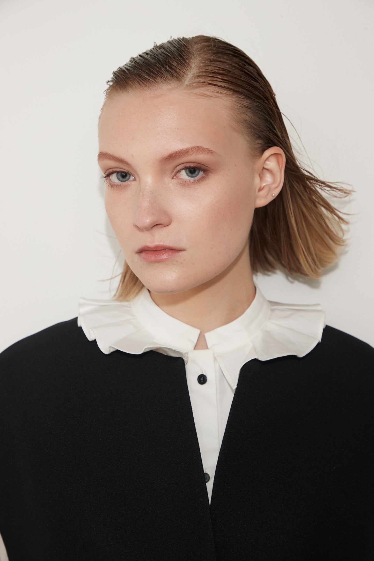 Stand Collar Frill Blouse-WHITE