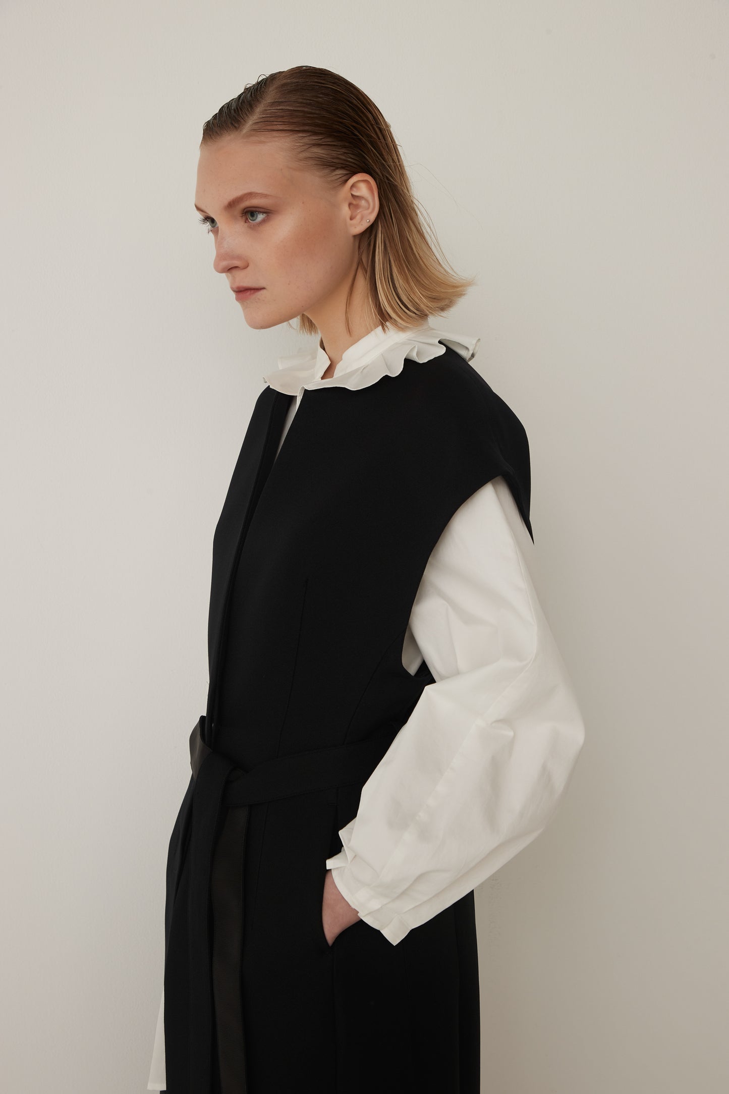 Stand Collar Frill Blouse-WHITE