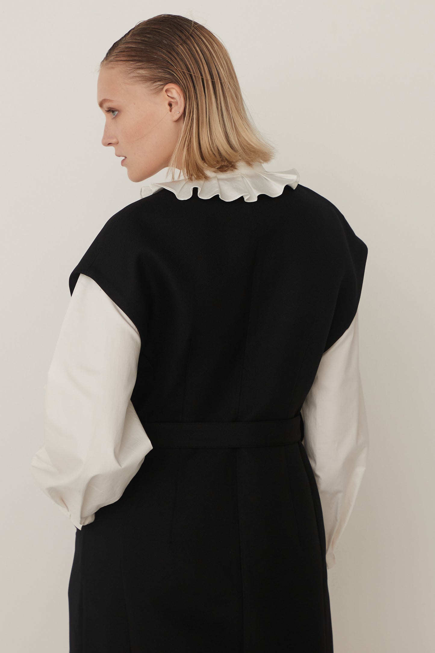 Stand Collar Frill Blouse-WHITE