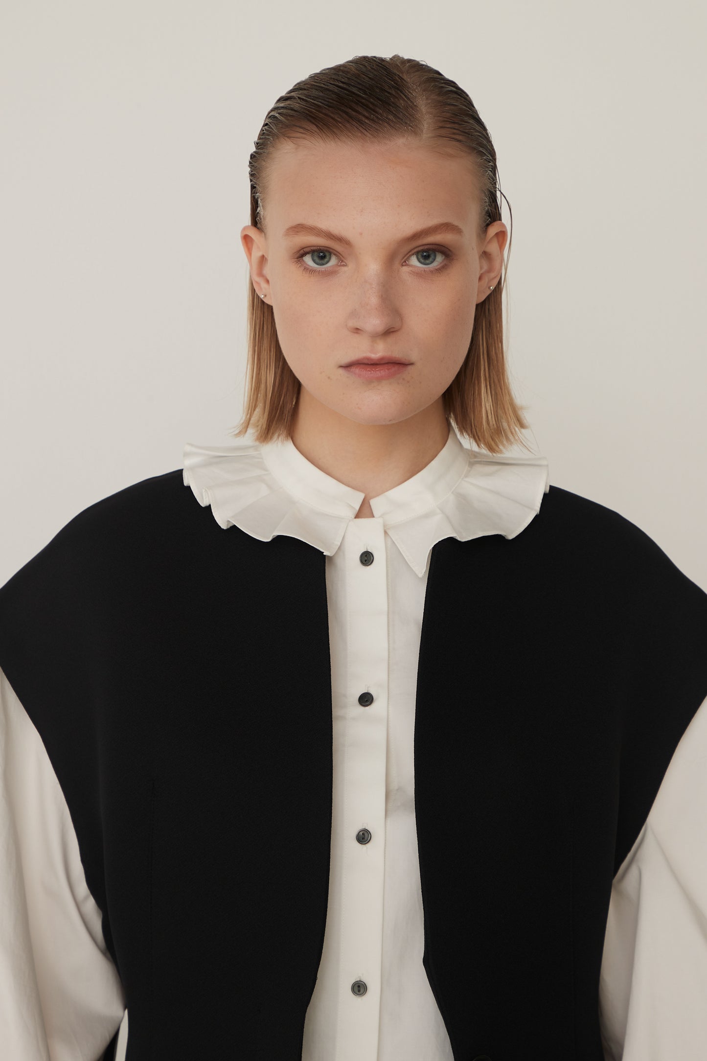 Stand Collar Frill Blouse-WHITE