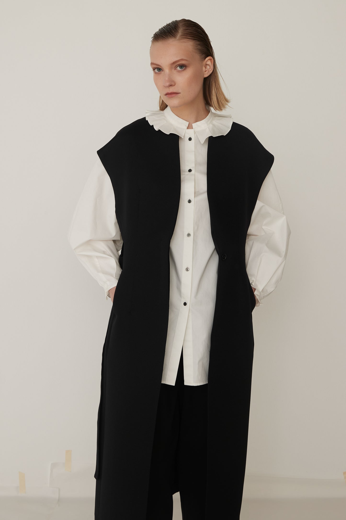 Stand Collar Frill Blouse-WHITE