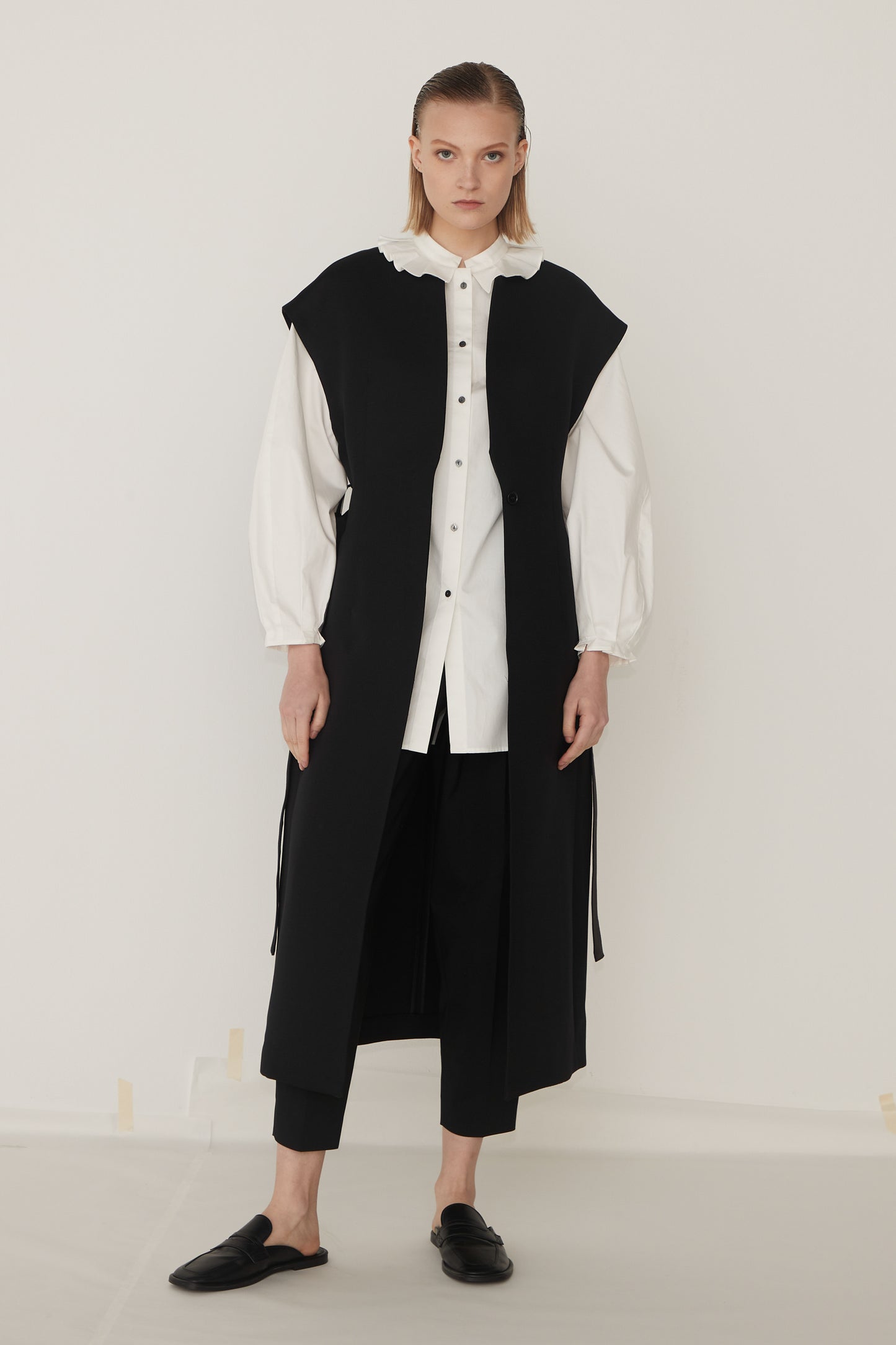 Stand Collar Frill Blouse-WHITE