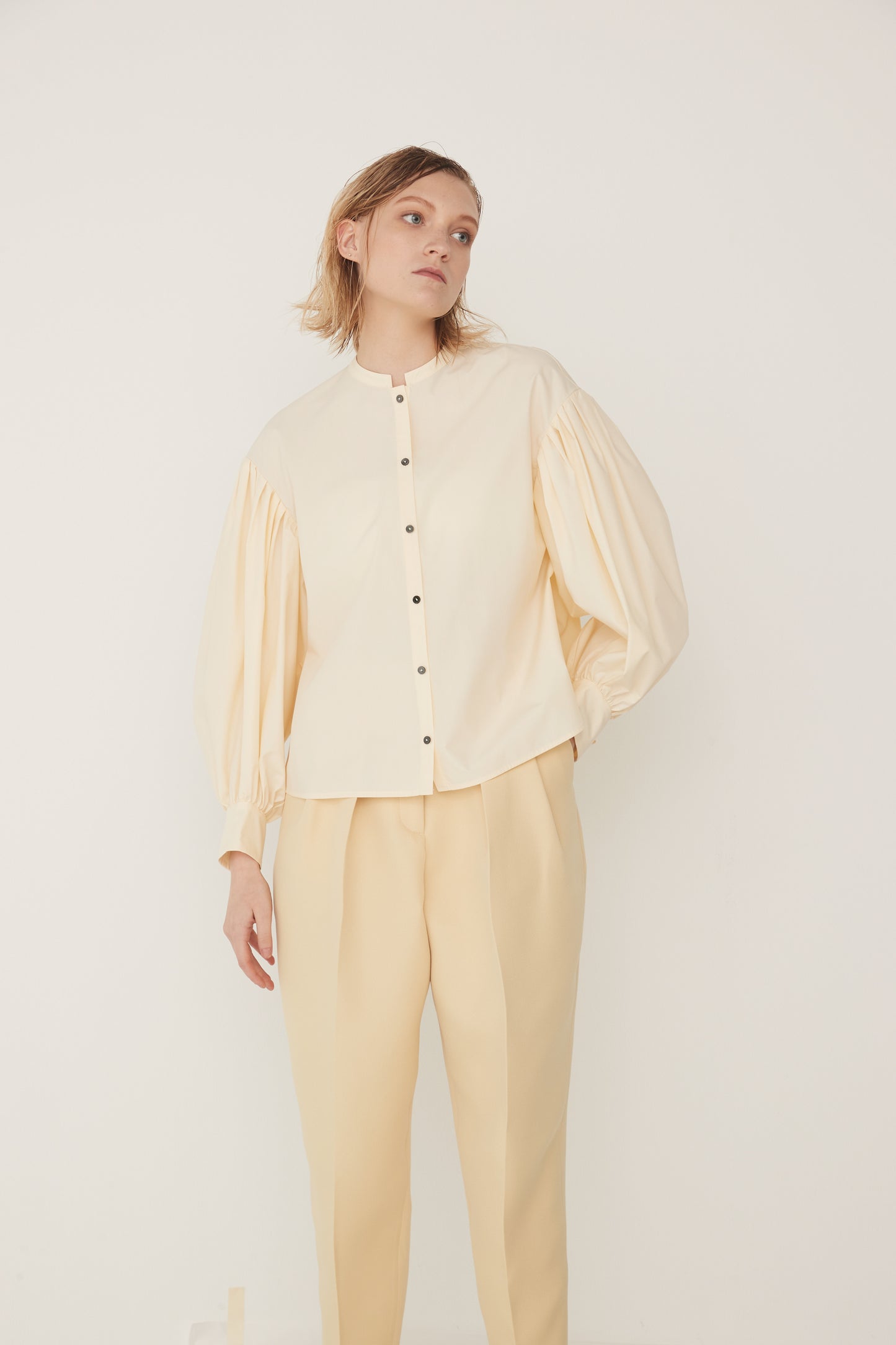 Standcollar Tucked Sleeve Blouse-EGG YELLOW