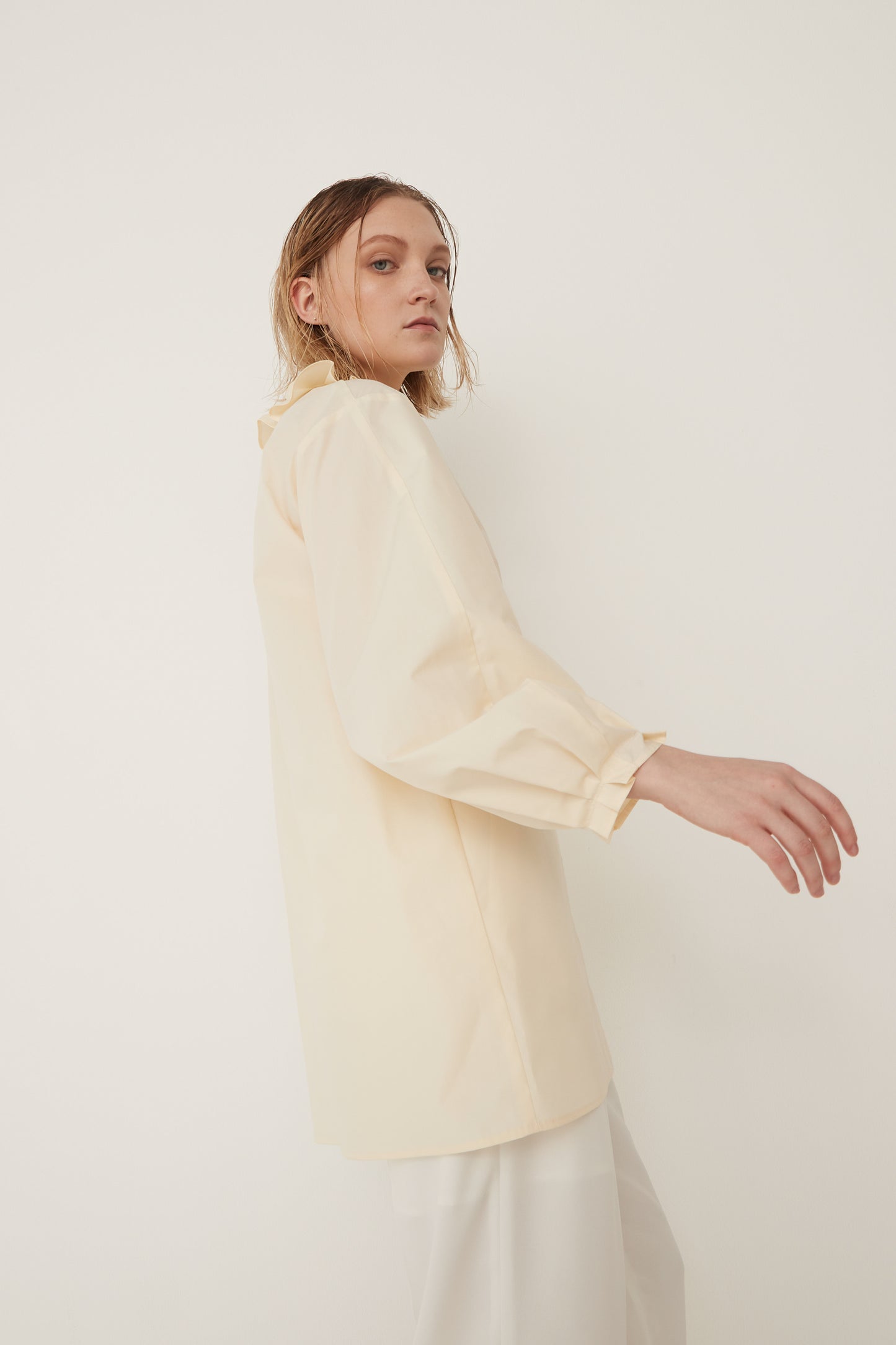 Stand Collar Frill Blouse-EGG YELLOW