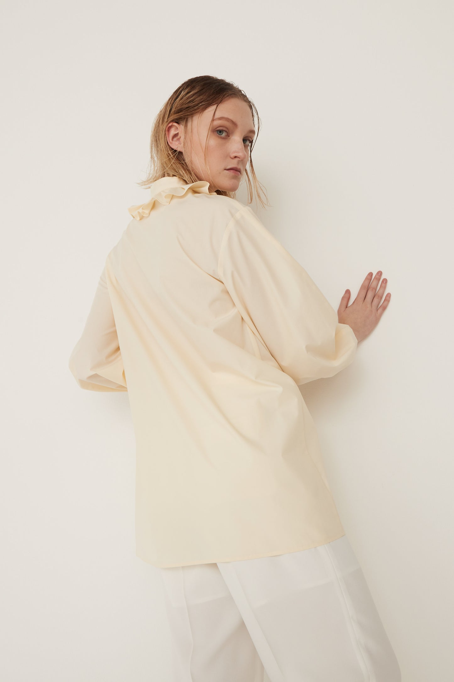 Stand Collar Frill Blouse-EGG YELLOW