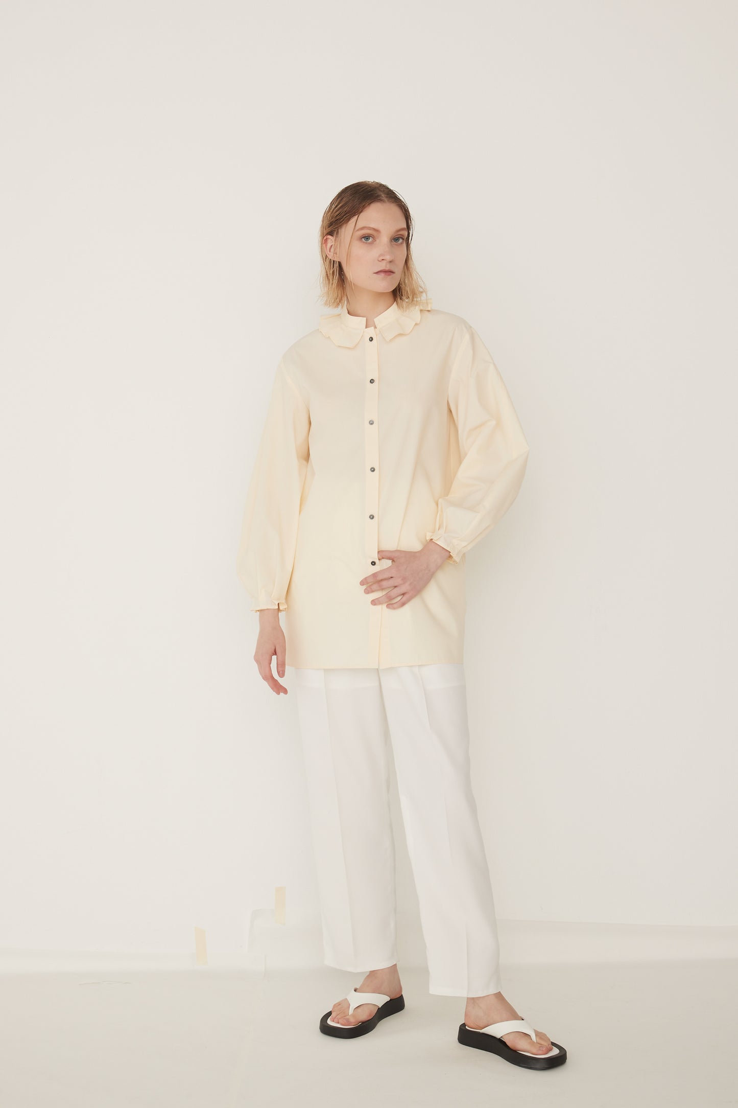 Stand Collar Frill Blouse-EGG YELLOW