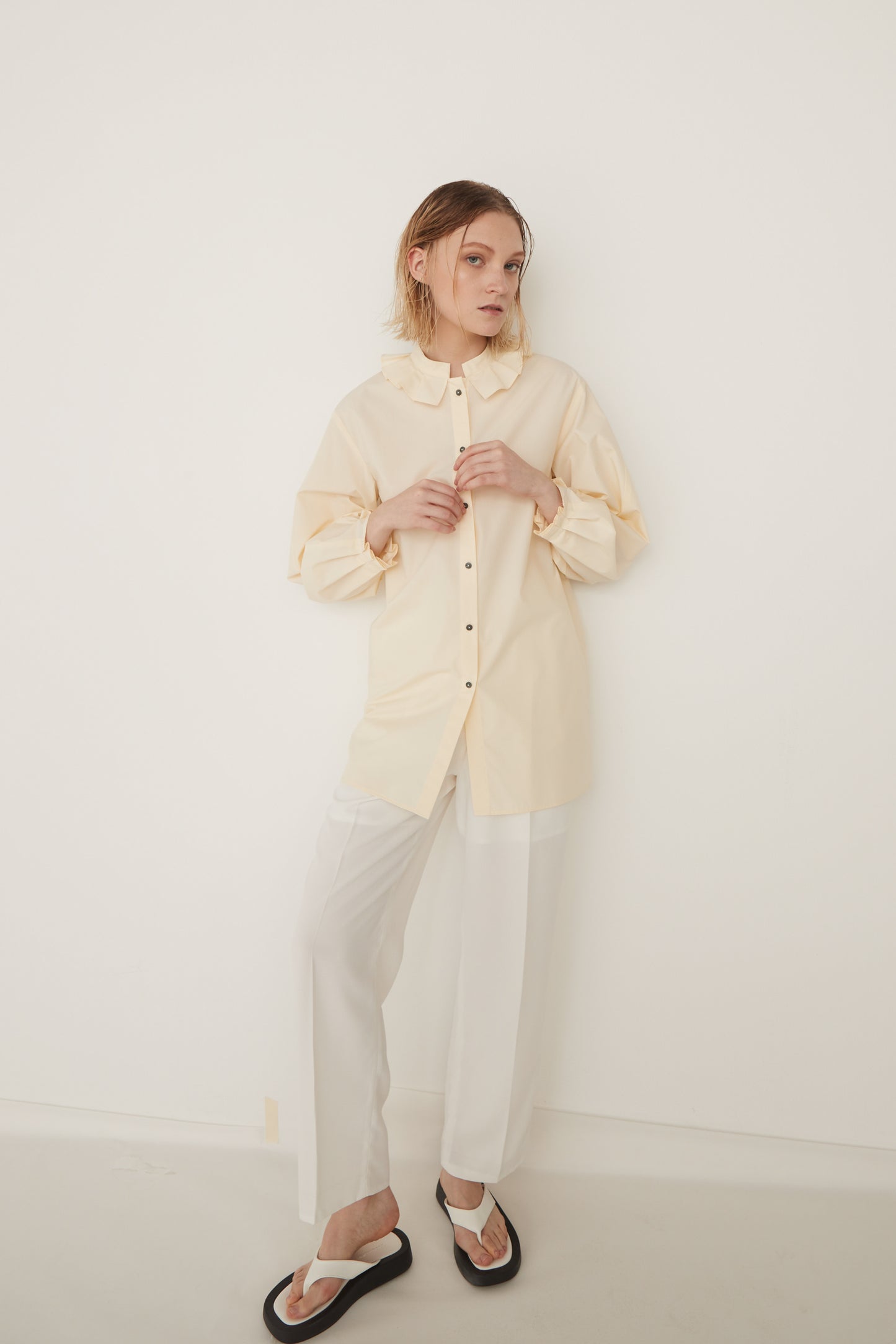 Stand Collar Frill Blouse-EGG YELLOW