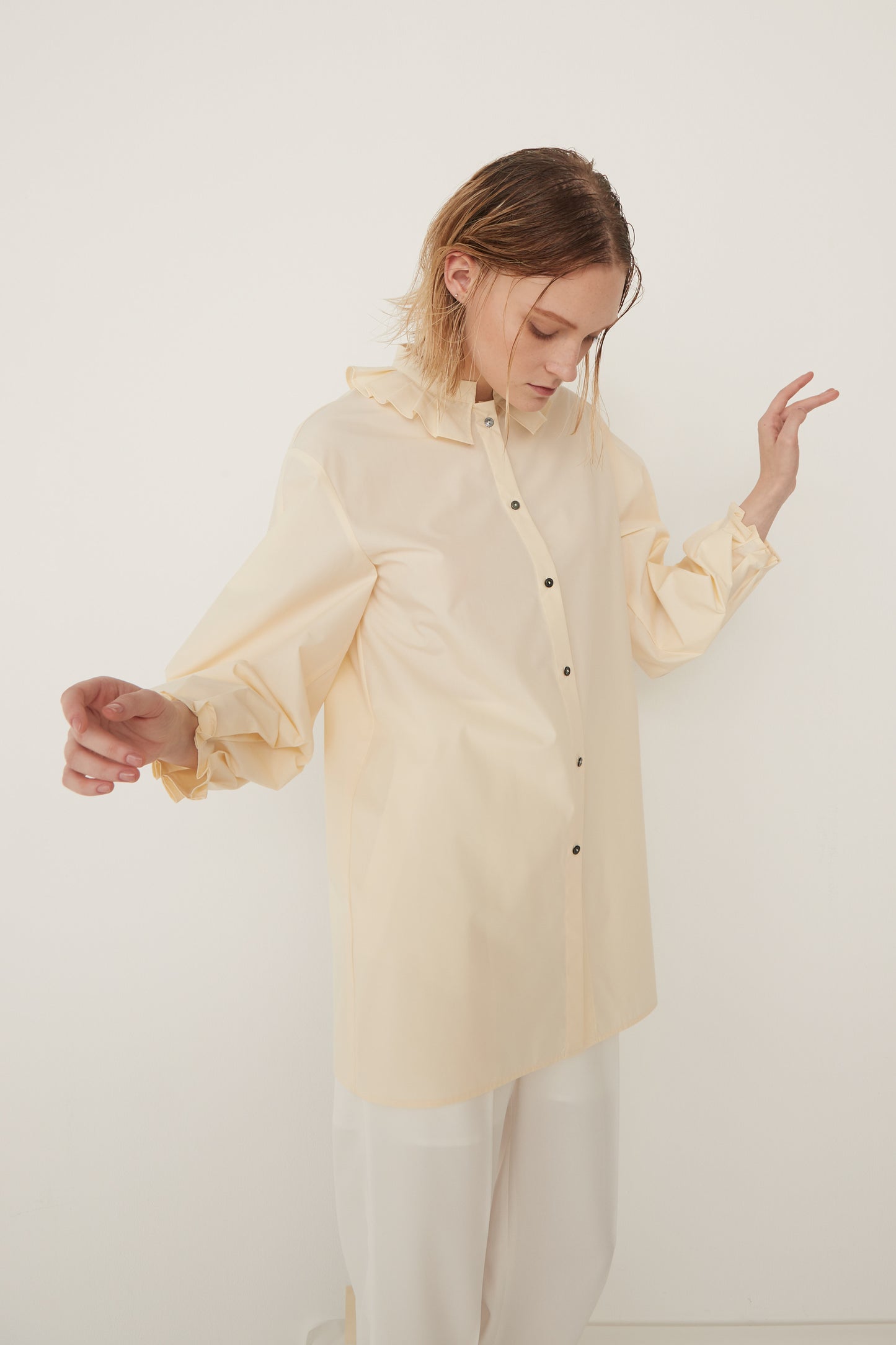 Stand Collar Frill Blouse-EGG YELLOW