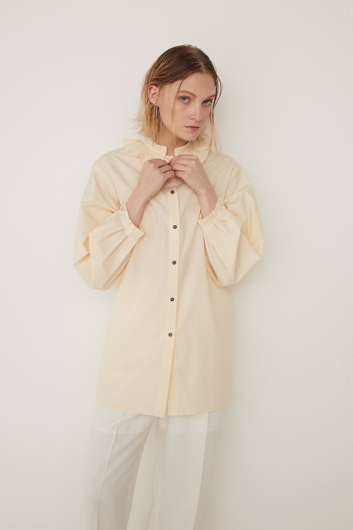 Stand Collar Frill Blouse-EGG YELLOW