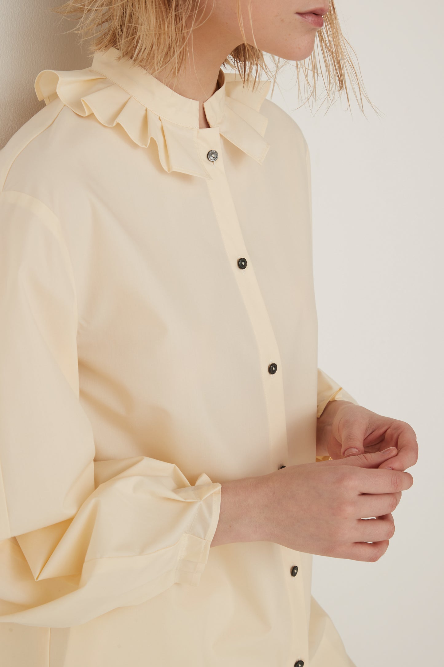 Stand Collar Frill Blouse-EGG YELLOW
