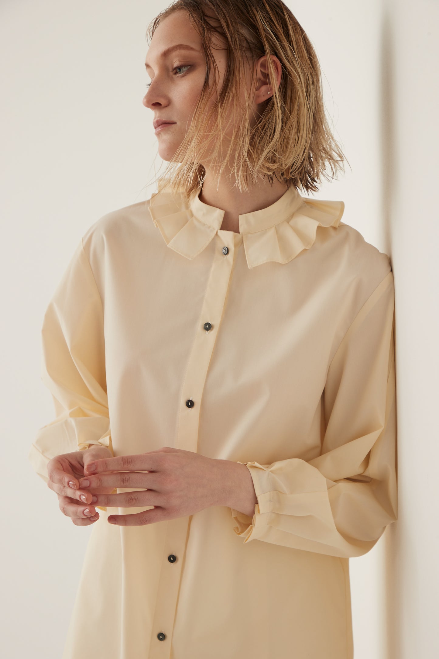 Stand Collar Frill Blouse-EGG YELLOW