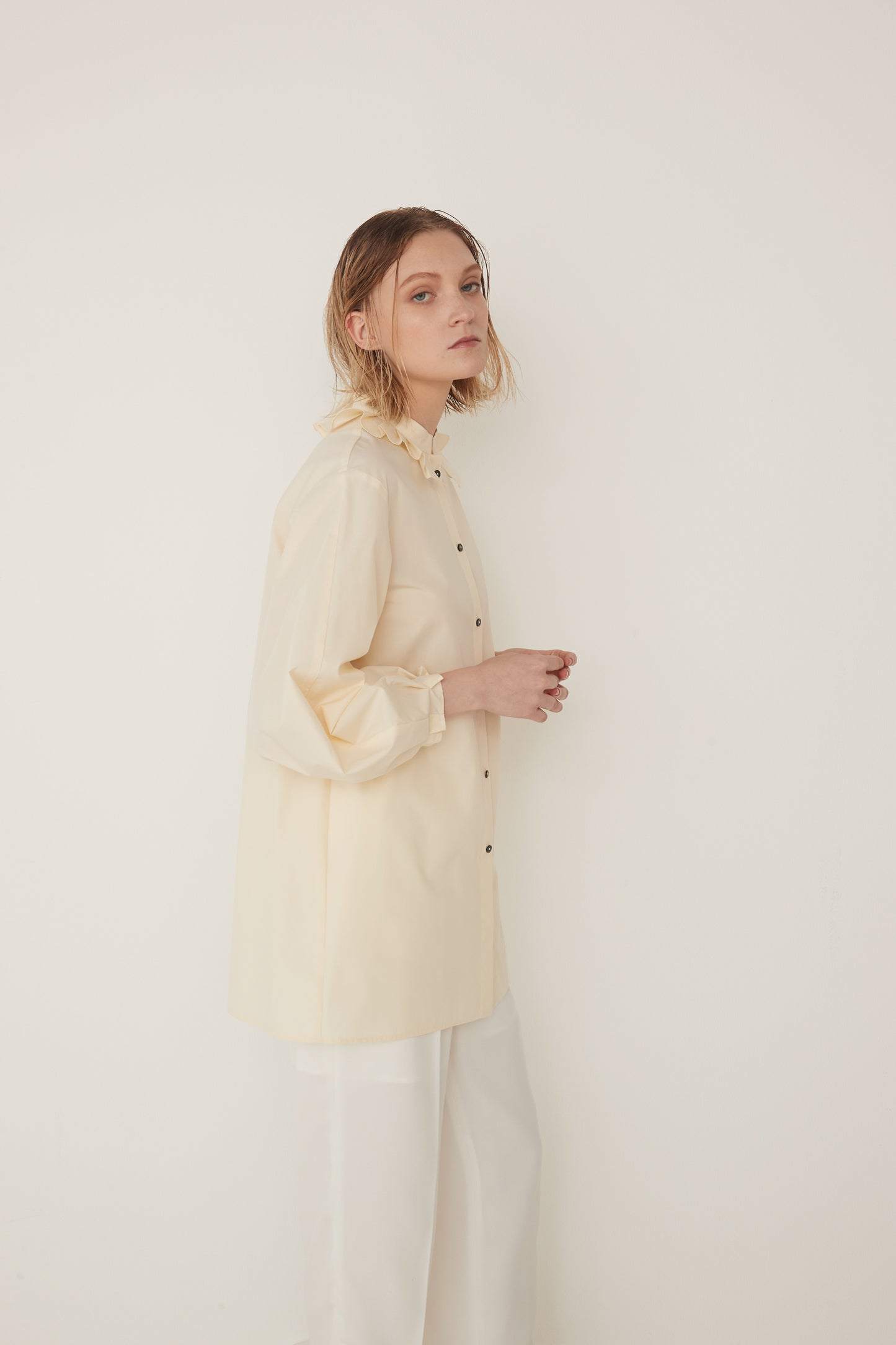 Stand Collar Frill Blouse-EGG YELLOW