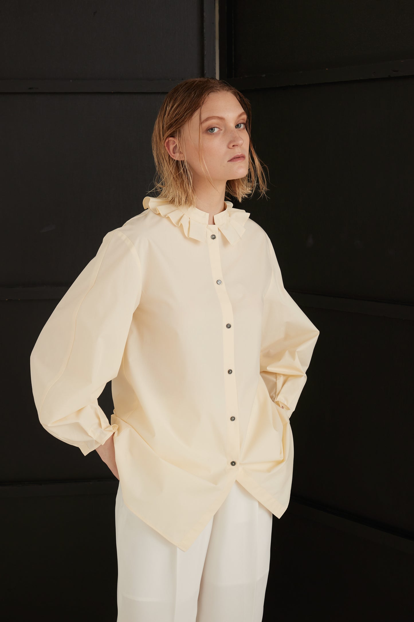 Stand Collar Frill Blouse-EGG YELLOW