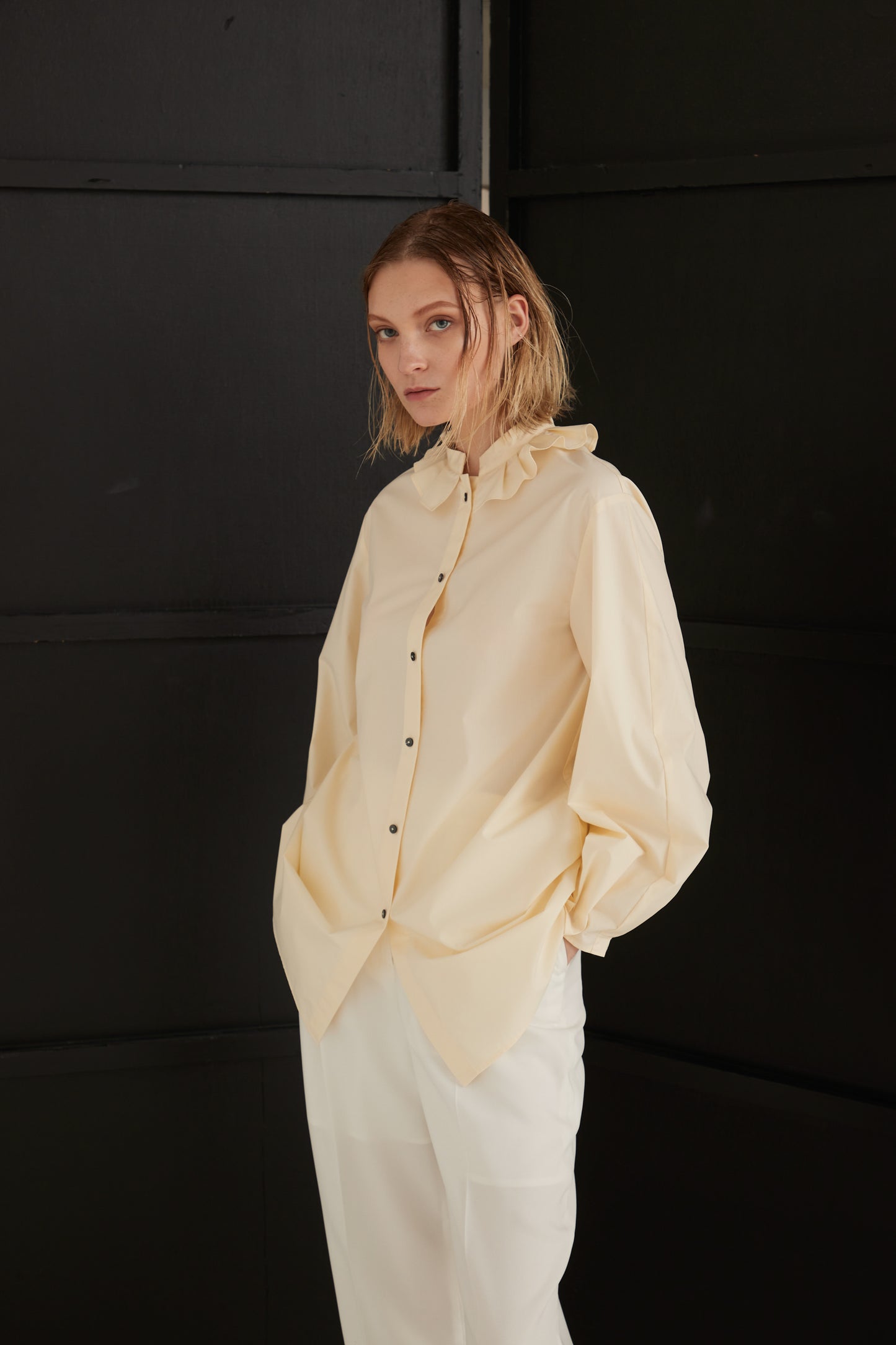 Stand Collar Frill Blouse-EGG YELLOW