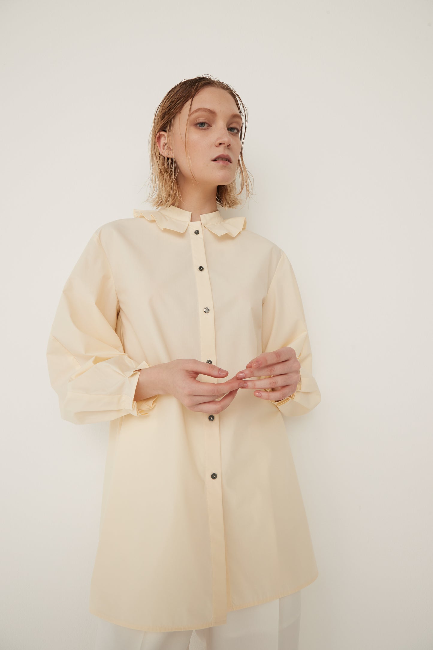 Stand Collar Frill Blouse-EGG YELLOW