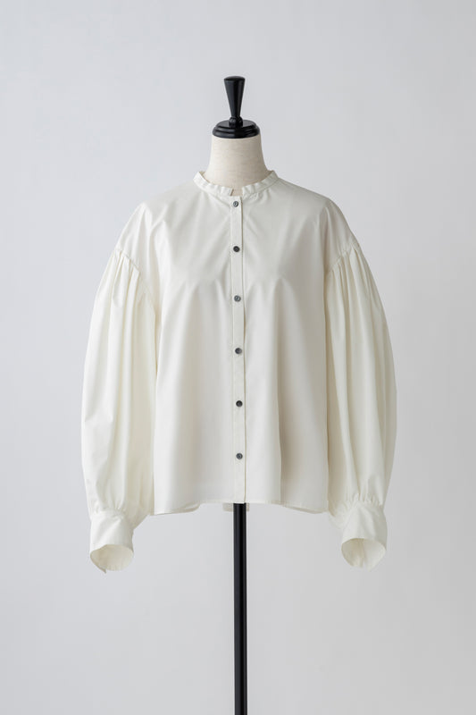 Standcollar Tucked Sleeve Blouse-WHITE