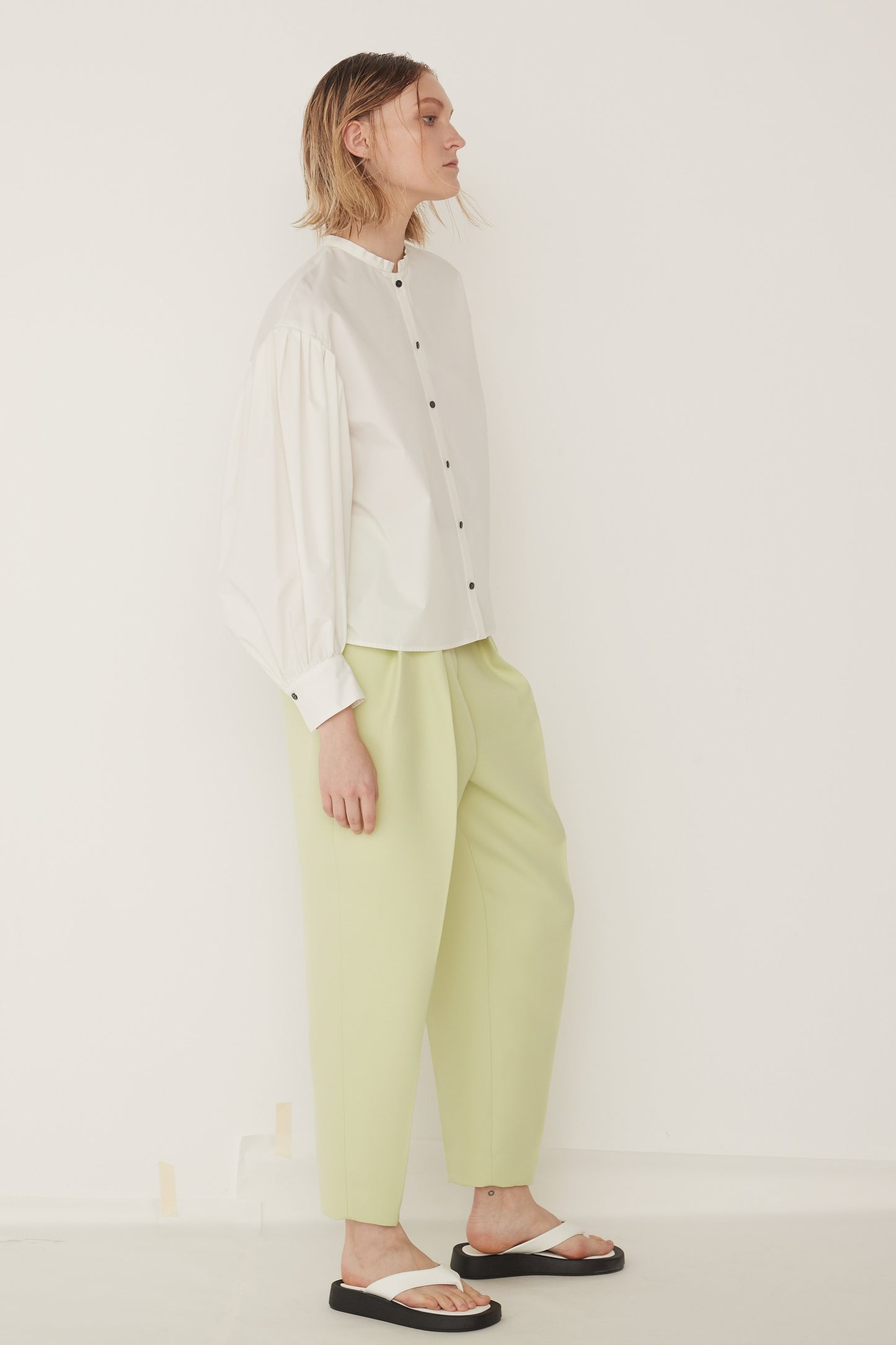 Standcollar Tucked Sleeve Blouse-WHITE