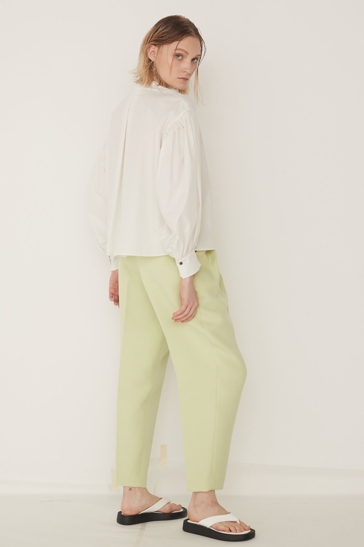 Standcollar Tucked Sleeve Blouse-WHITE