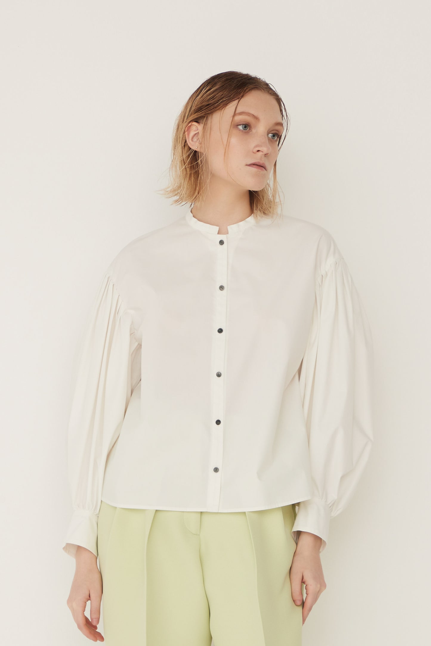 Standcollar Tucked Sleeve Blouse-WHITE
