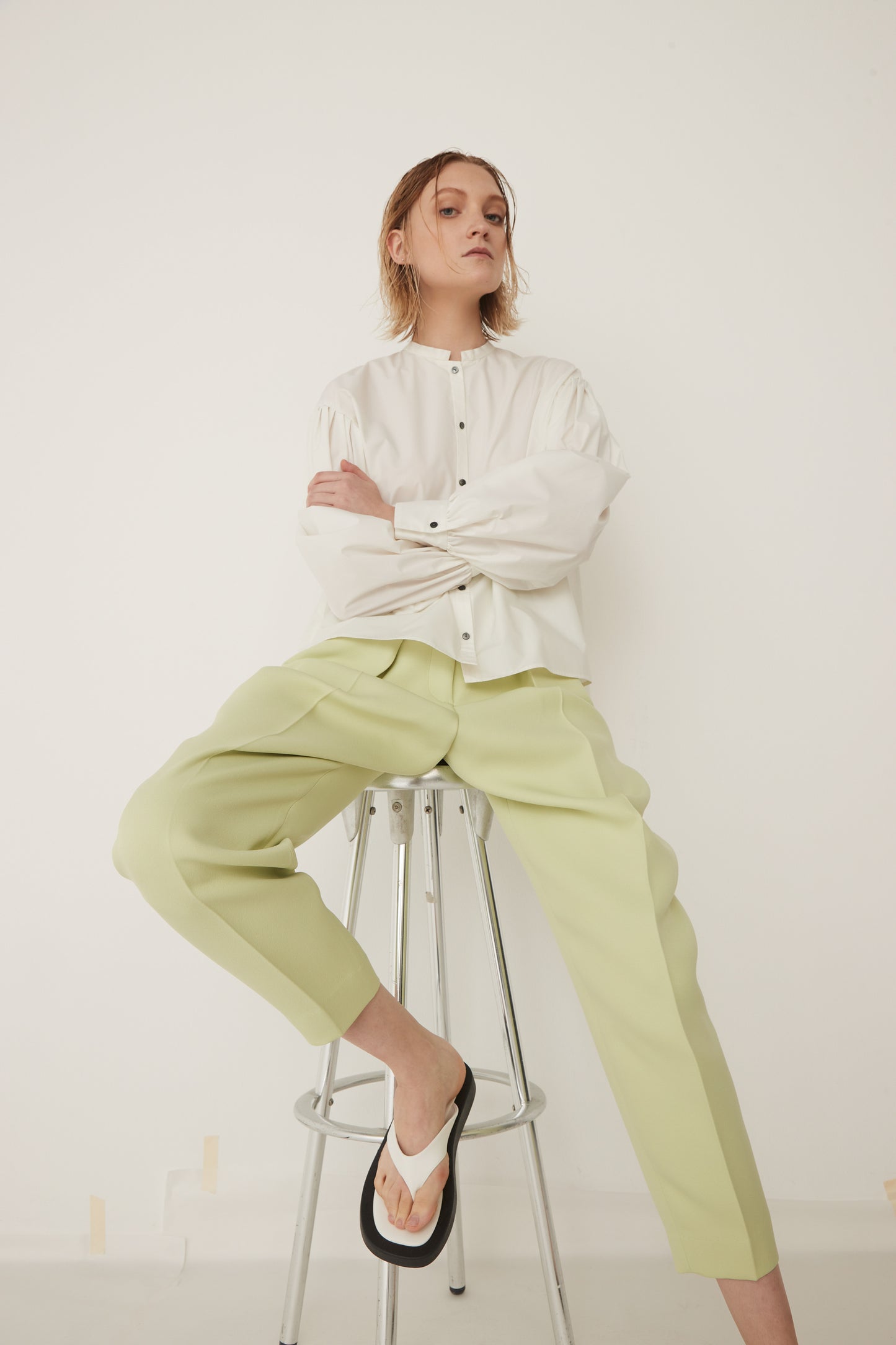 Standcollar Tucked Sleeve Blouse-WHITE