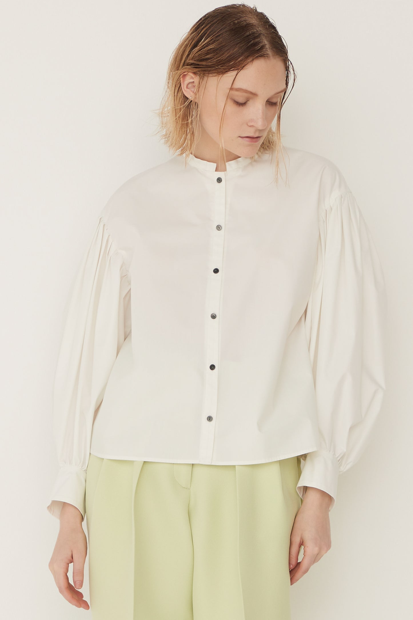 Standcollar Tucked Sleeve Blouse-WHITE