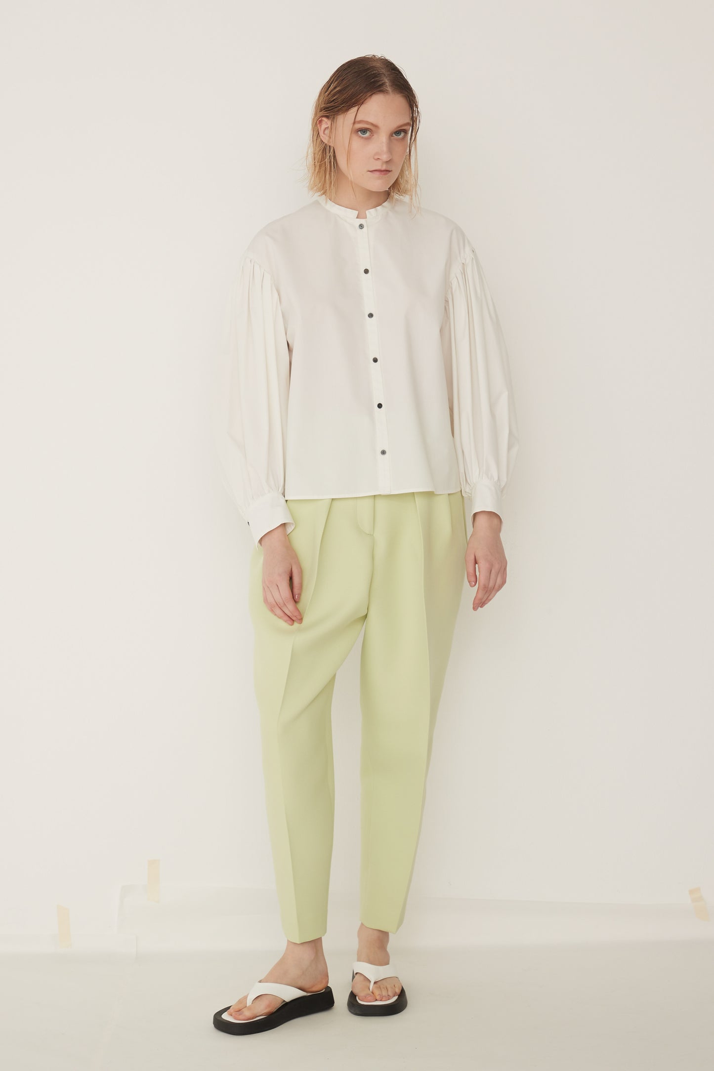 Standcollar Tucked Sleeve Blouse-WHITE