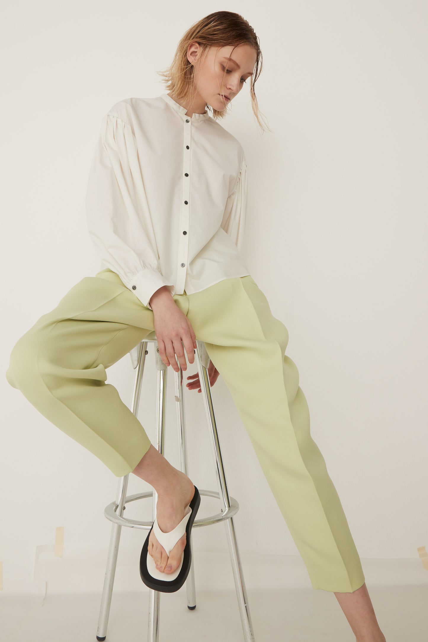 Standcollar Tucked Sleeve Blouse-WHITE