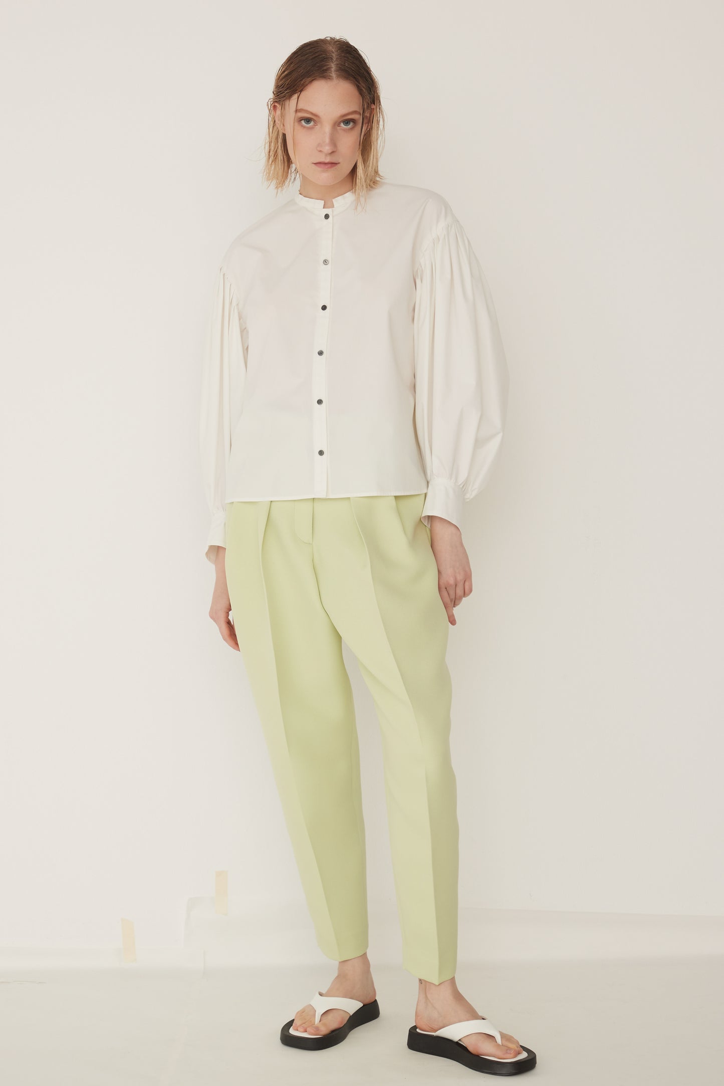 Standcollar Tucked Sleeve Blouse-WHITE