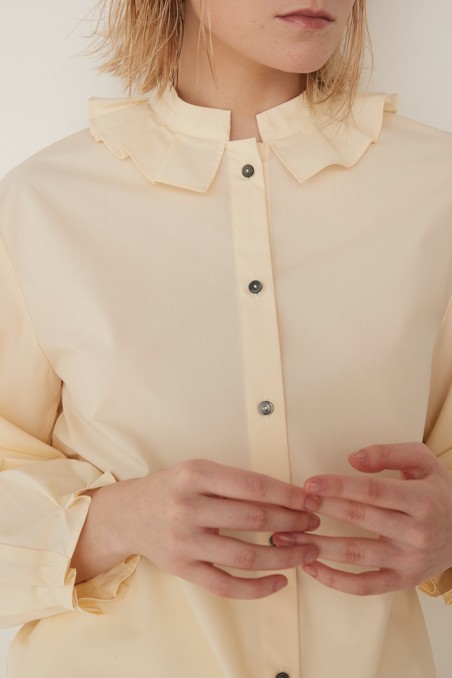 Stand Collar Frill Blouse-EGG YELLOW