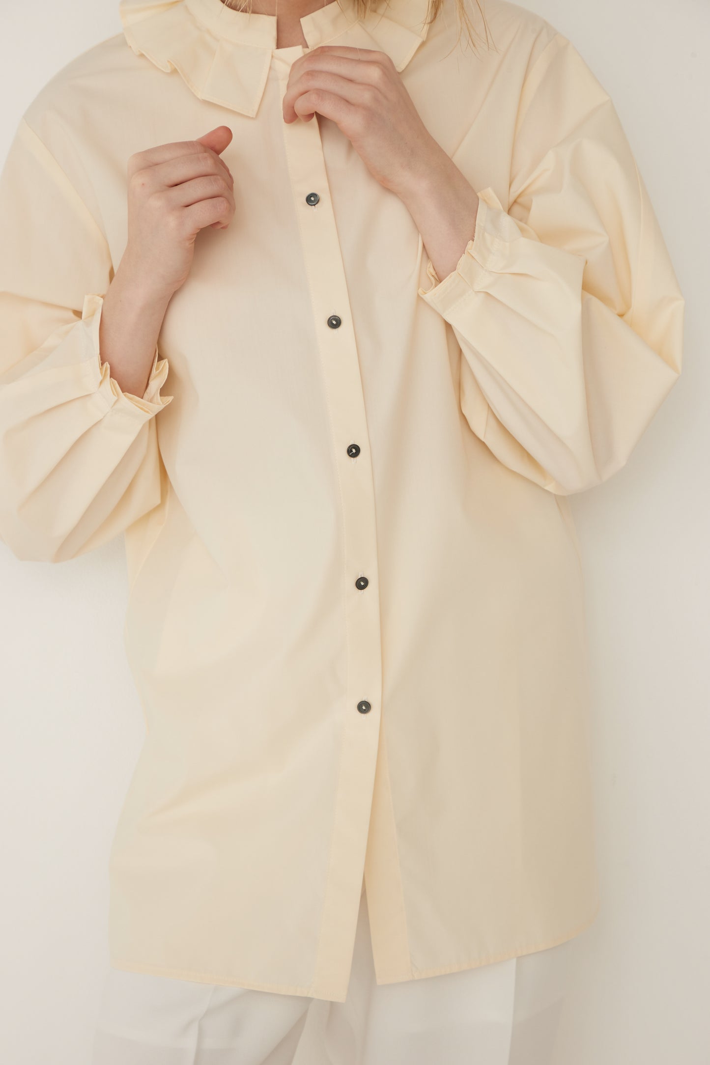Stand Collar Frill Blouse-EGG YELLOW